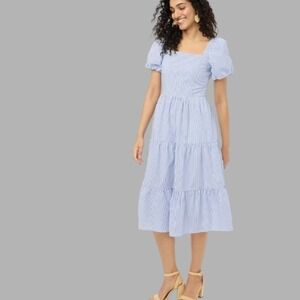 J.Crew Sofia Puff-Sleeve Tiered‎ Midi Dress in Blue Pinstripe Sz 12 Cottagecore